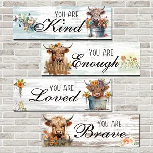 4pcs Wooden Highland Cow Wall Decor - Inspirational Farmhouse Wall Art for Living Room, Bedroom, and Bathroom - Positive Quote for Easy Display Home Decor Accessory