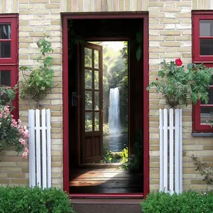2pcs Tropical Rainforest Waterfall Door Sticker Visual Effect Wall Decal Self Adhesive Removable Waterproof PVC Home Decor for Living Room Bedroom Creative Fake Window Wall Art Decorative Sticker