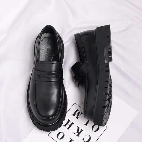 Men's PU Leather Penny Loafers - Formal Men's Shoes with Chunky Platform Rubber Lug Sole, Non-Slip Breathable, Classic Round Toe, Durable Flat Heel, for Business, Party Use, Daily & Year-Round PU Leather Footwear