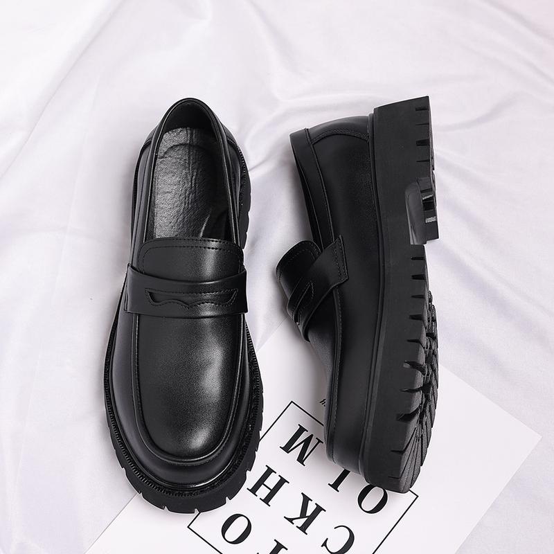 Men's PU Leather Penny Loafers - Formal Men's Shoes with Chunky Platform Rubber Lug Sole, Non-Slip Breathable, Classic Round Toe, Durable Flat Heel, for Business, Party Use, Daily & Year-Round PU Leather Footwear