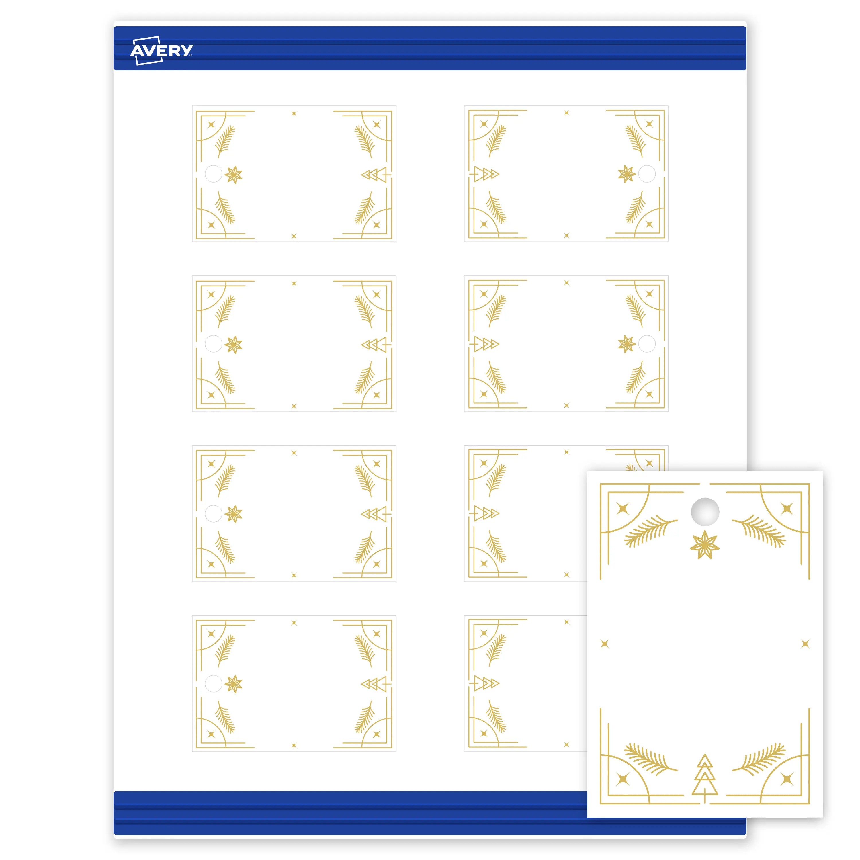 Avery® Printable Christmas Tags with Sure Feed® Technology, Rectangle, 2" x 3", Pre-Printed Metallic Gold Christmas Trees Design, Matte White, Laser & Inkjet Compatible, 80 Total