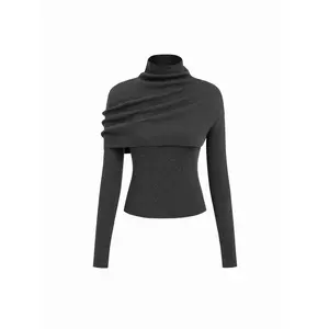 Cider Knit Two Piece Round Neckline Long Sleeve Top With High Neck Wrap