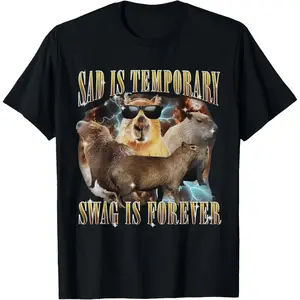 [100% Cotton] [Graphic Tee]Sad Is Temporary Swag Is Forever Capybara Vintage 90s T-Shirt – Pure Cotton Funny Meme Graphic Tee, Unisex Casual Streetwear Top, Retro Aesthetic Outfit, Trendy Gift for Men Women Capybara Lover Shirt