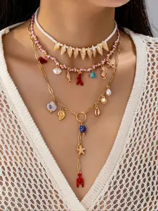 Women's 3-Piece Summer Beach Multilayer Necklace Set, Ocean-Themed Coral & Starfish Charms, Y-Shape Design for Daily & Vacation Wear, Trendy Charm Necklaces