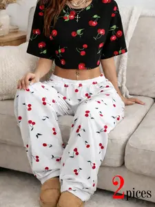 Spring Summer New Milk Silk Cherry Print Casual Home Loungewear Set for Women, Short Waist Tee & Wide Leg Pants Two-Piece, Comfortable and Stylish