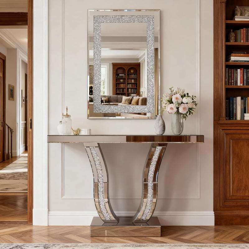 Crystal Crushed Diamond Wall Mirror 36x24 Inch, Large Rectangle Wall Mirror with Beveled Edge, Luxury Silver Frame, Perfect for Living Room, Bathroom, Entryway Decor