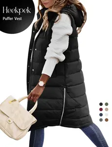 Women's long Quilted Vest hooded sleeveless Button Down puff vest cotton padded puffer jacket winter coat Casual  FallFreshness #outdoorfun