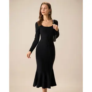 Women's Black Square Neck Mermaid Sweater Maxi Dress
