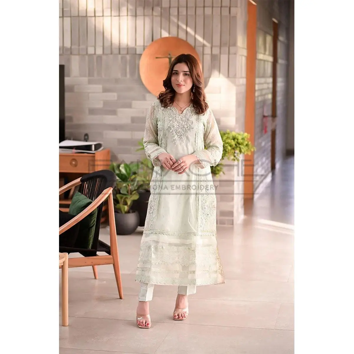 Panache - K-234 Mint Green 3 Piece Embroidered Khaddi Net Suit