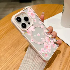 Pink Flower Clear Magnetic Phone Case , Compatible with MagSafe Silicone Bumper Protective Cover For iPhone X 11 12 13 14 15 16 Pro Max Plus Aesthetic