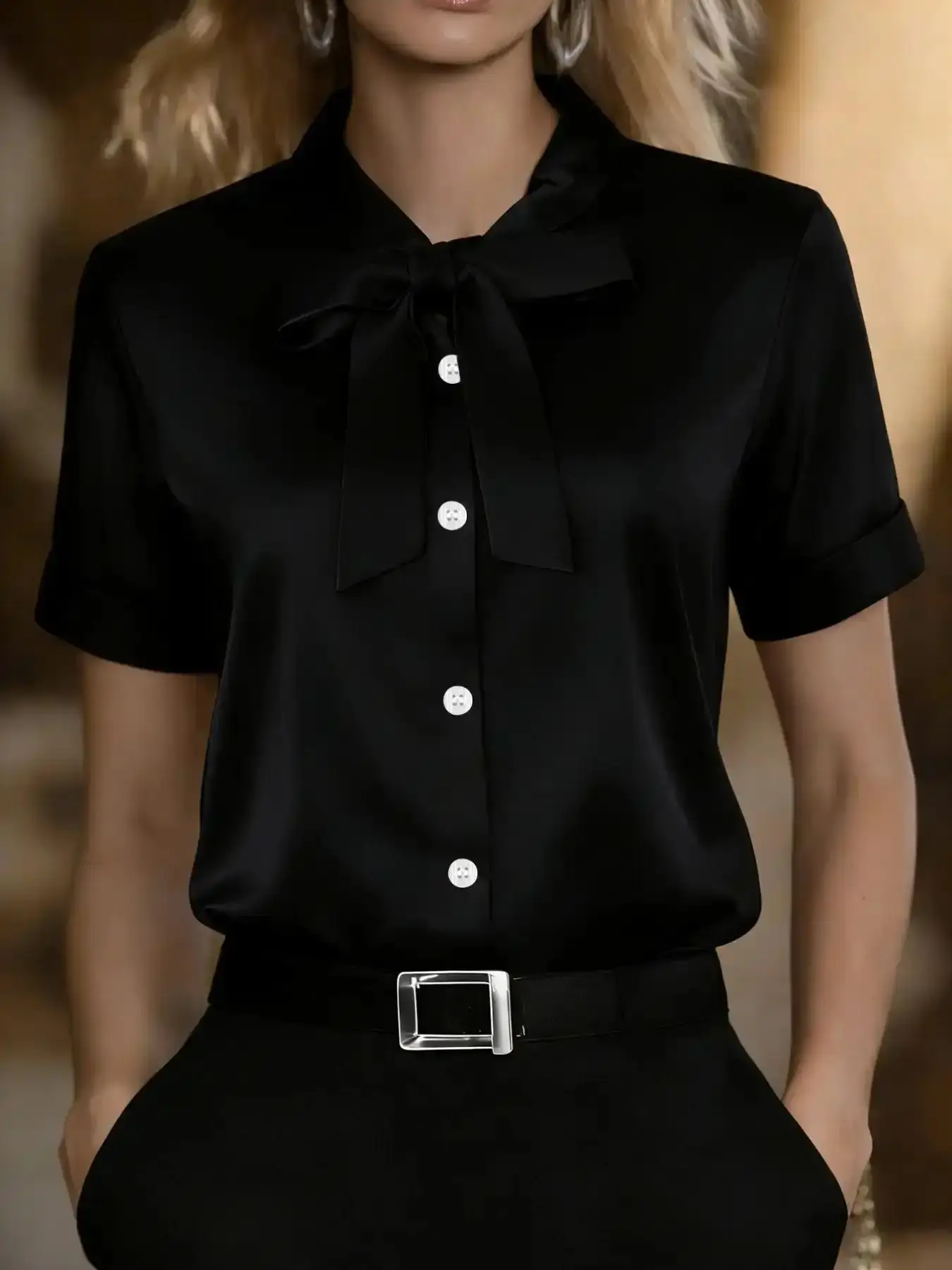 Vibrant Classic short-sleeved satin shirt blouse with a ribbon detail at the neckline, fitted.Elegant solid color, perfect for spring and summer wear.A stylish women's top., effortless layering, chic everyday