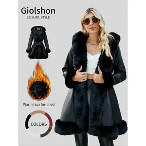 Women’s Fall/Winter PU Jacket, long-sleeve fitted coat with hood, casual warm daily wear, detachable belt included