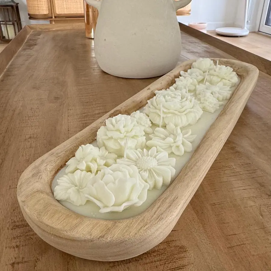 Luna & Sol Handmade Flower-Shaped Dough Wood Bowl Candle – Natural Soy Wax | Rustic Boho Home Decor