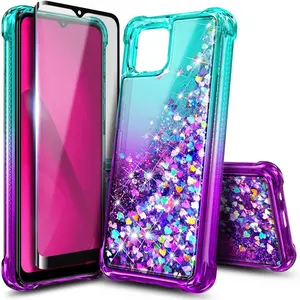 Designed for T-Mobile REVVL 7 5G Case, Glitter Floating Liquid Waterfall Women Girls Kids Cute Case with Tempered Glass Screen Protector (Aqua/Purple)
