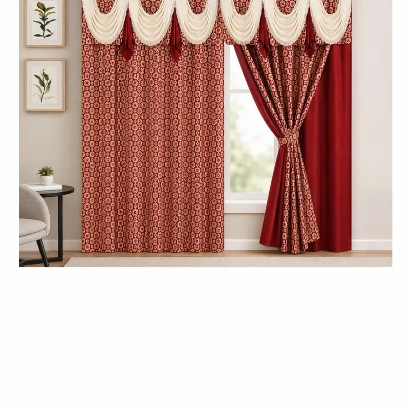 2 PCS Luxury Jacquard Curtain with Attached Valance – Elegant Window Curtain Set – Burgundy/Cream