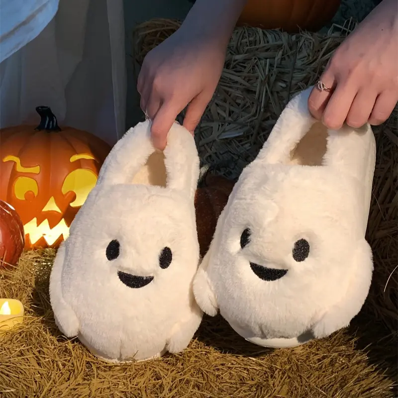 XIXITIAO Spooky Halloween Ghost Cute Slippers Women Men,Funny Cartoon Non-Slip Memory Foam EVA Sole Footwear,Faux Fur Soft Fuzzy House Shoes,Warm Fall Winter Slip-On Plush Slides Indoor Outdoor,Unique Holiday Gift