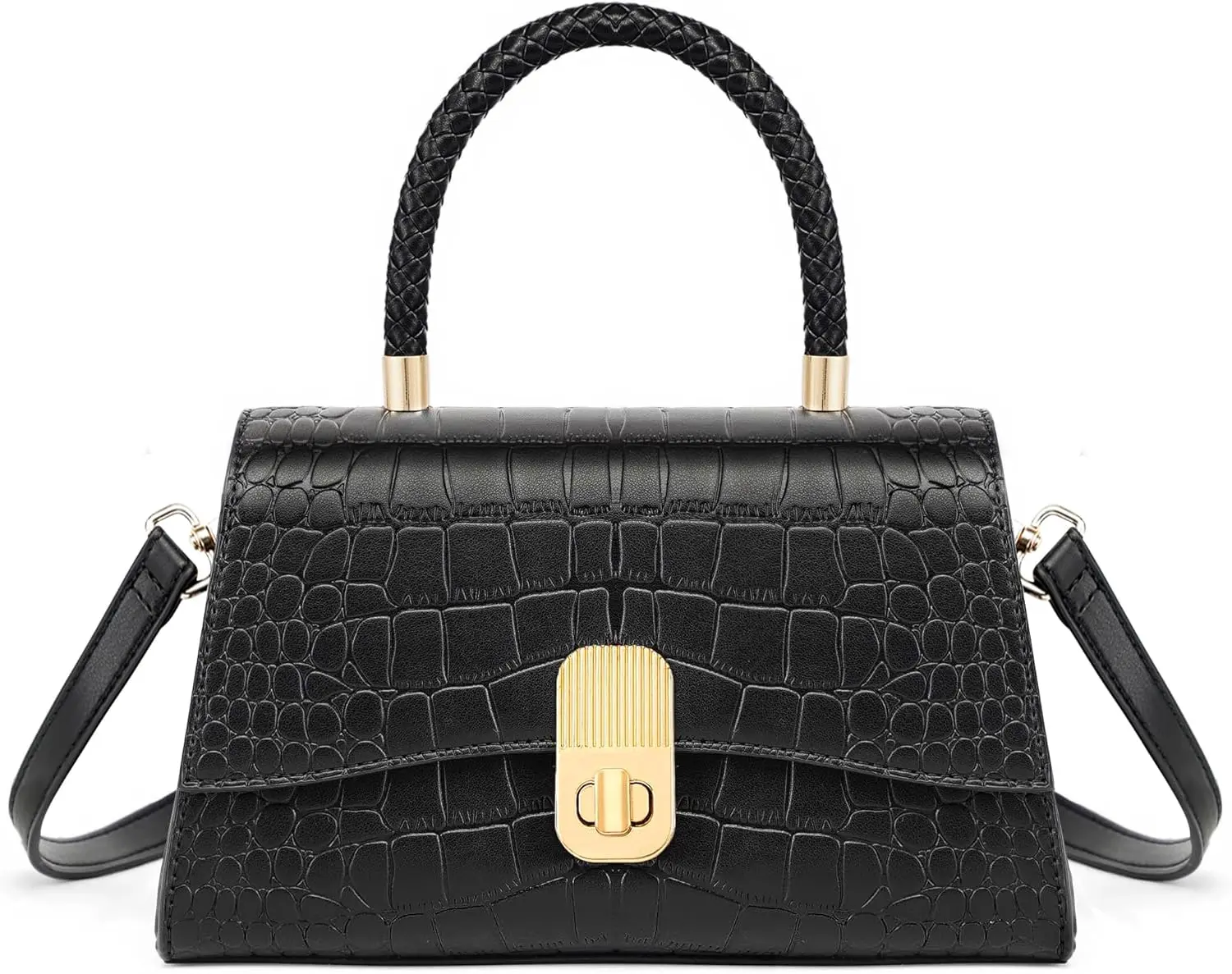 Women's Classic Leather Handbag, Vintage Small Shoulder Bag with Detachable Strap, Crossbody Purse, Black