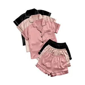 Women's Solid Satin Pyjama Set, Short Sleeve Button Front Lapel Shirt & Contrast Binding Shorts PJ Set, Summer Sleepwear Set, Pajamas, Silky Satin Pajama