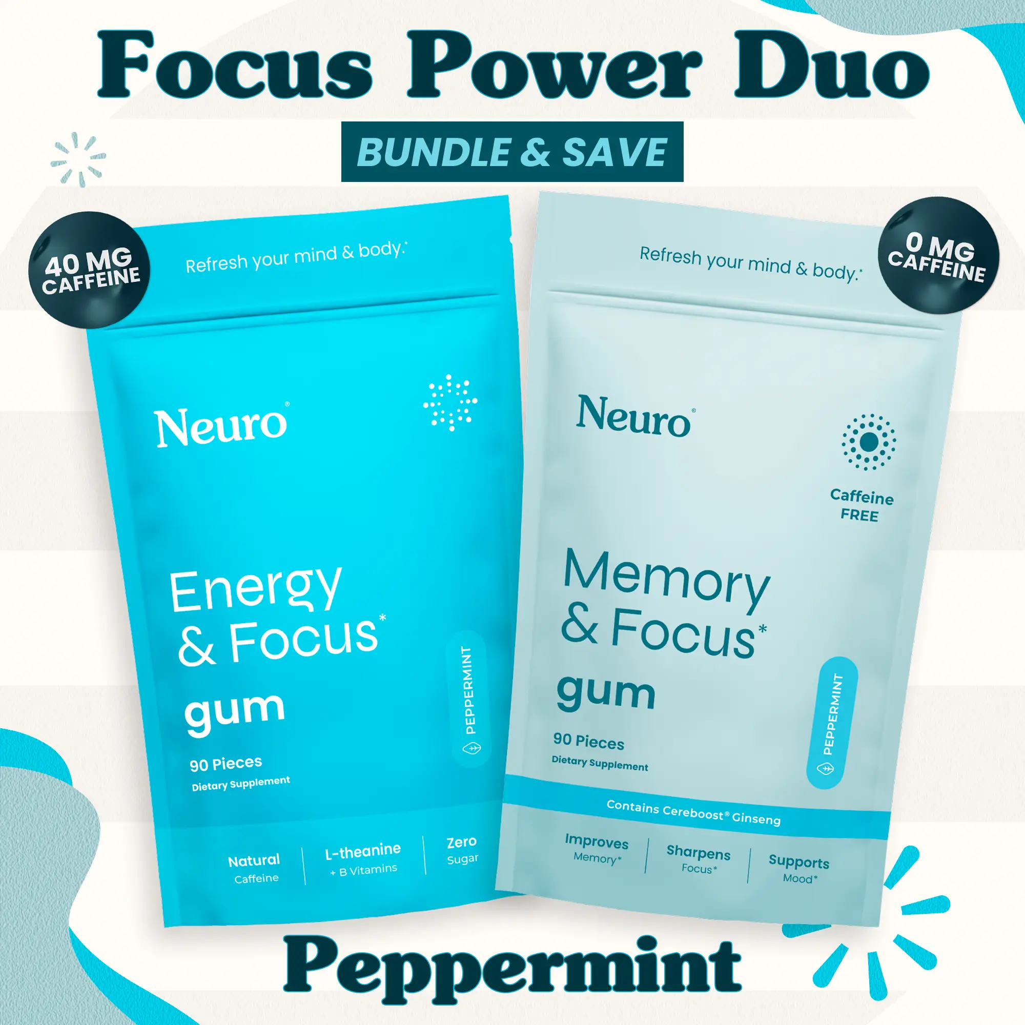 Focus Power Duo - 0mg & 40mg Caffeine Gum - Peppermint (2-Bulk Pouches)