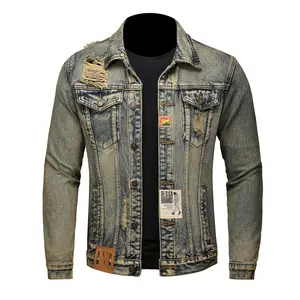 Men's Spring Autumn Vintage Distressed High Street Denim Jacket, American Retro Cargo Casual Lapel Top, Versatile Trendy Retro Street Style for Young Guys