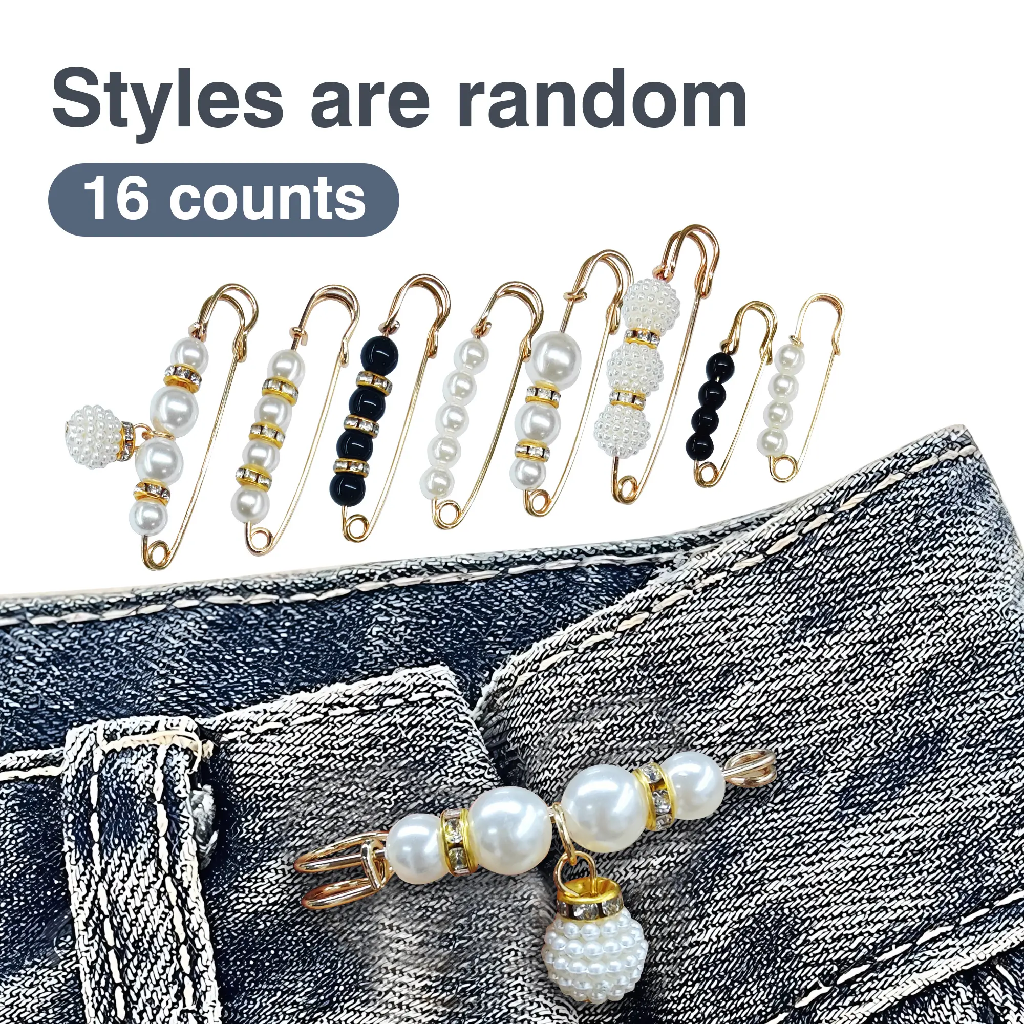 16 Counts Pearl Brooch Pins, Garment Decor Clips, No Sewing Sweater Shawl Cardigan Collar Safety Pins for Women Faux Pearl Clothing Dresses Pant Tightener, Mixed Style Assortment