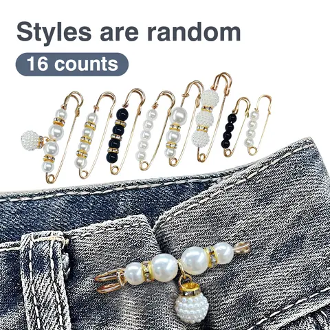 16 Counts Pearl Brooch Pins, Garment Decor Clips, No Sewing Sweater Shawl Cardigan Collar Safety Pins for Women Faux Pearl Clothing Dresses Pant Tightener, Mixed Style Assortment