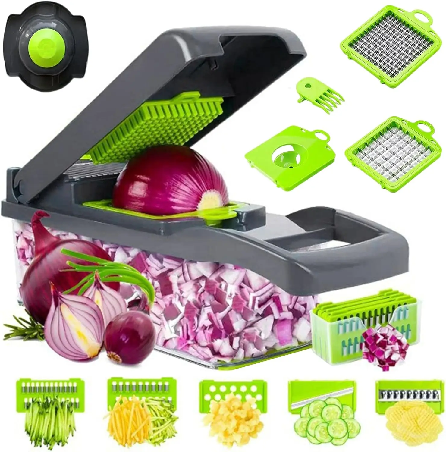 14-in-1 Vegetable Chopper Slicer with 7-Blade Spice Chopper Set, Veggie Dicer, Onion Fruit Cutter (Kitchen Mandoline Utensil)