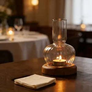 Elegant Wooden Base Clear Glass Candle Holder, Tea Light Centerpiece Decor, Perfect for Weddings and Table Decoration, Home Decor