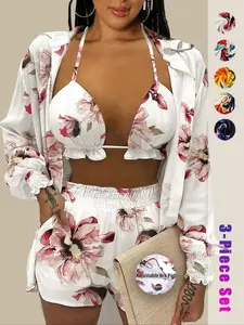 Three-piece Set Women's Floral Print Frill Trim Halter Top & Shirred Shirt & Shorts Set, Long Sleeve Top & Boho Shorts & Crop Cami Top for Beach Holiday Vacation, Ladies Summer Clothes, Womenswear
