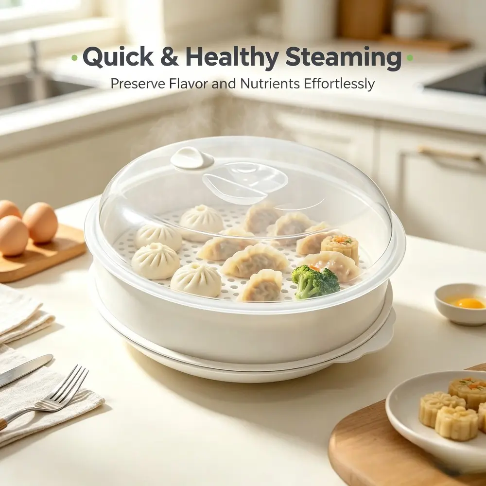 1pc Microwave Steamer with Steam Release Cover - Circular Camping Picnic Outdoor Tableware Mess Kit for Vegetables, Dumplings - Reusable Fast Healthy Home Kitchen Utensil