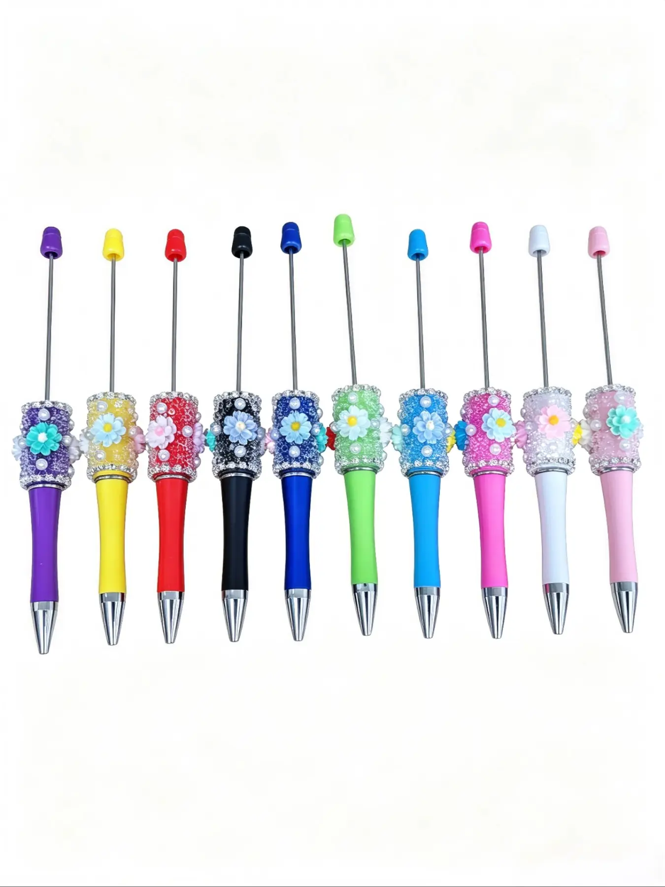 30 Pieces Sparkling Beaded Pens Set, 10 Floral Pendants, 10 Extension Rods, 10 Refills, DIY Ballpoint Pens, Aesthetic Pens for Journals, School, Office, Girls' Gifts, Flower Pens