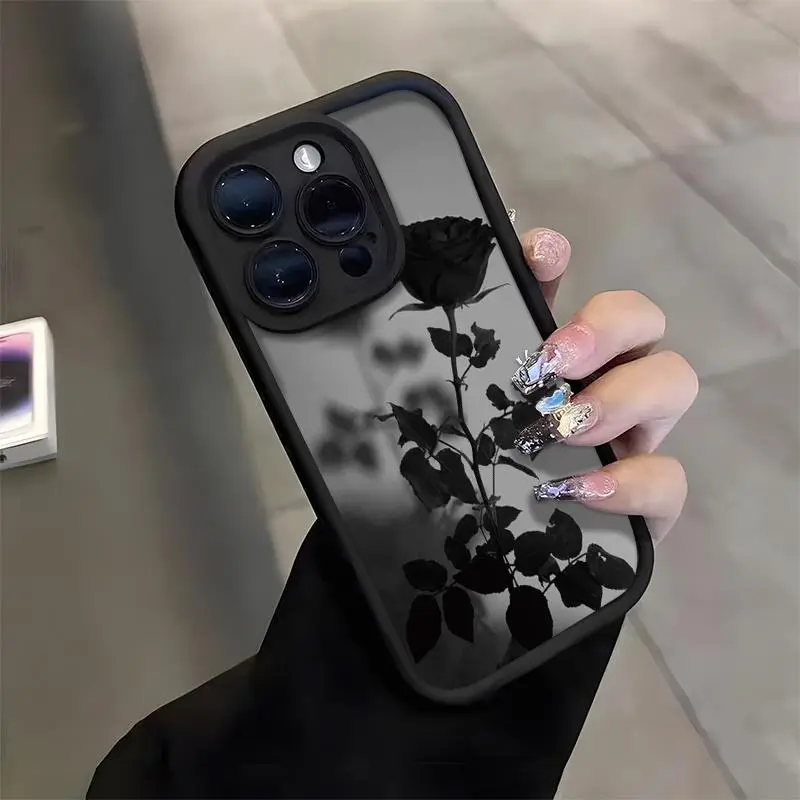 Minimalist Dark-Themed Black Rose Smartphone Cover, Shockproof Silicone TPU Bumper Case with Drop Protection for iPhone 16 Pro Max, 15 Plus, 14, 13, 12, 11, XR, XS - Compatible with Handheld Cellphone Devices, Protector