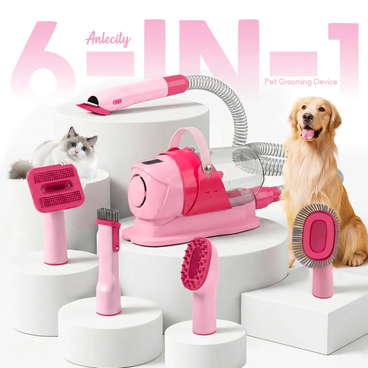 Anlecity 6-in-1 Pet Grooming Vacuum Kit for Dogs & Cats – 3L Large Capacity, 3 Suction Modes, Low Noise Trimmer with Guide Combs, 99% Hair Capture for Home Grooming