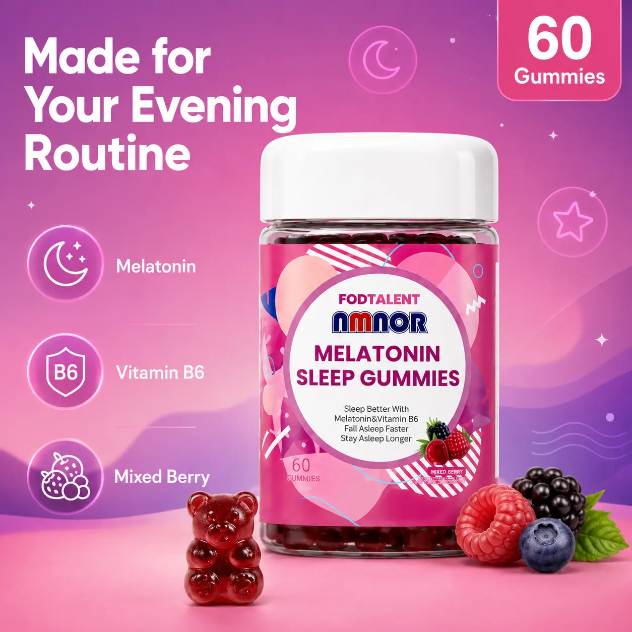 NMNOR Gluten-Free Melatonin & Vitamin B6 Gummies for Adults, Mixed Berry Flavor, 60 Count, FDA Registered Evening Routine Supplement That Supports Sleep, Melatonin Gummies