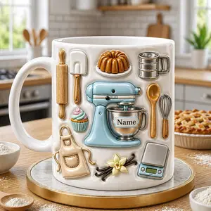 Personalized Baking Mug 2D Printed 3D Effect Coffee Cup, Custom Name Ceramic Mug with Kitchen Mixer Design for Bakers Baking Lovers, Cute Kitchen Keepsake Gift Idea for Mom Her Women Friends Birthday Housewarming Celebration Present