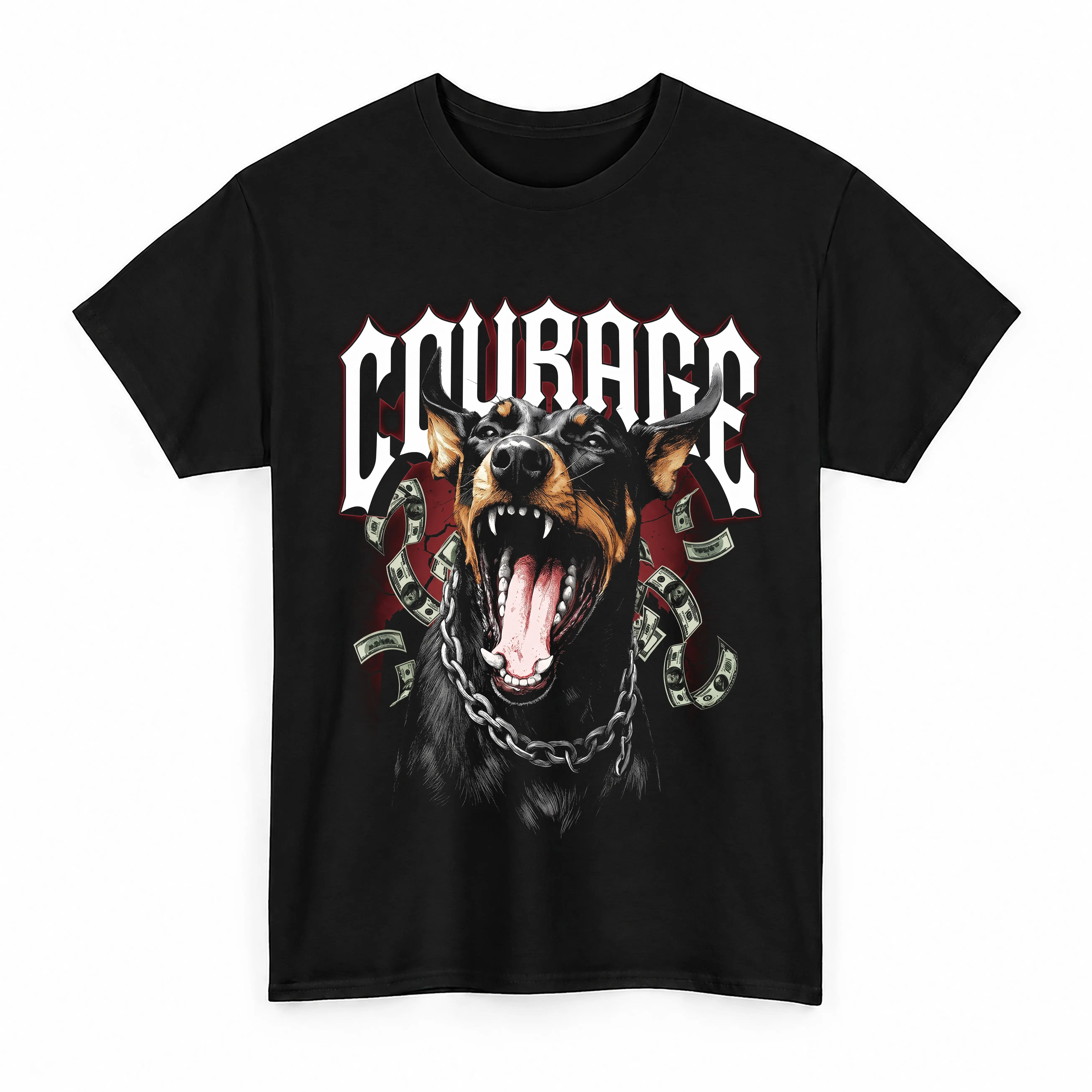 Courage Doberman Guard Dog Money Rain Graphic Tee – Edgy Streetwear Heavyweight T-Shirt