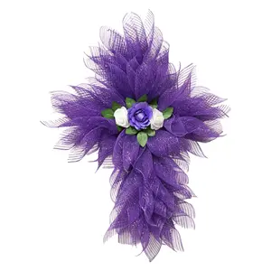 Handcrafted Purple Deco Mesh Cross Wreath