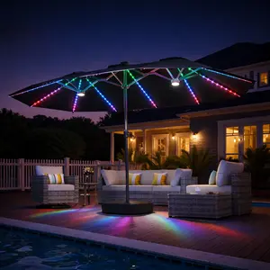 CAODOC 15FT Oversized Solar LED Patio Umbrella with Base & Crank, Double Sided Rectangular Market Umbrella for Garden, Deck, Backyard, Pool, Durable Water Resistant Canopy, 36 LED Lights, Adjustable Outdoor Sunshade