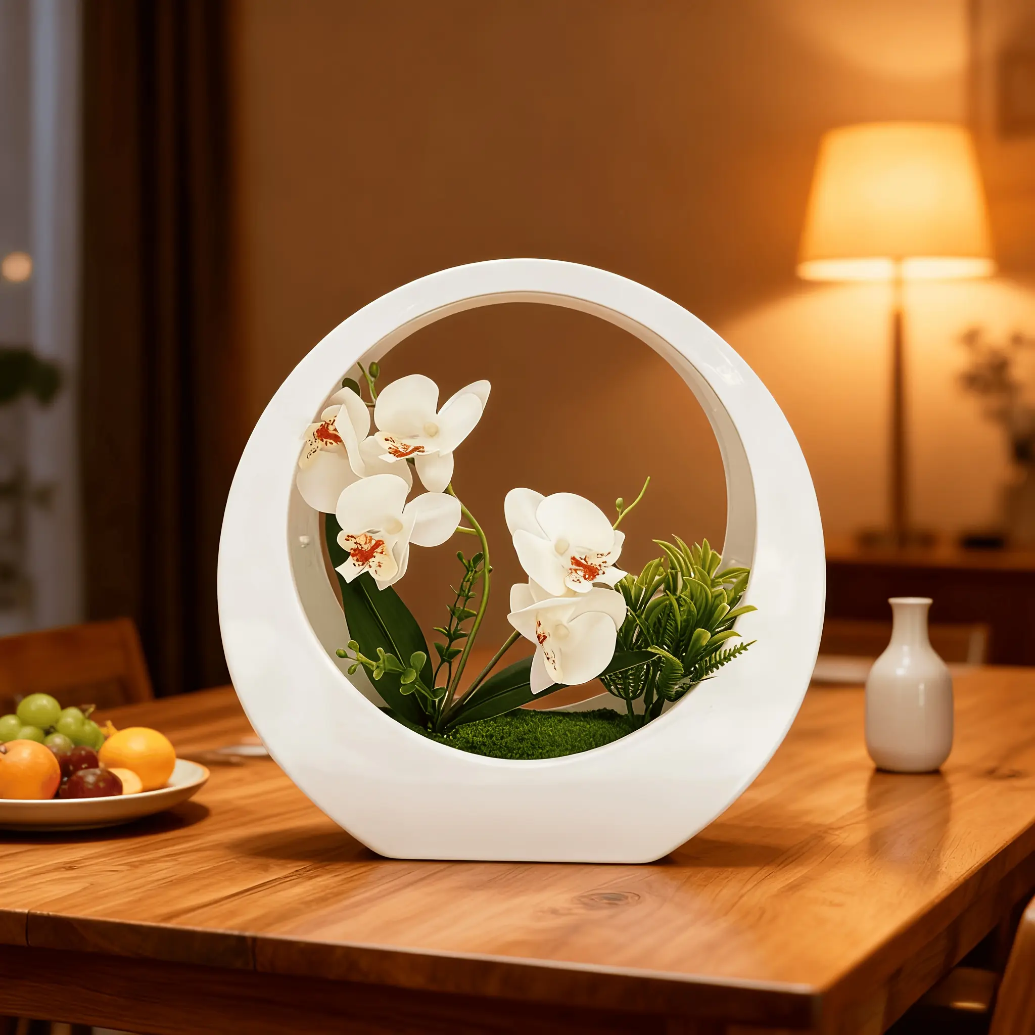Artificial White Orchid Pot, Moon Shaped Faux Flower Centerpiece for Aesthetic Room Decor, Elegant Desk Setup and Office Table Ornament, Viral Trending Home Gift Ideas, Decorative Faux Flowers, mini garden,tabletop garden,Patio garden