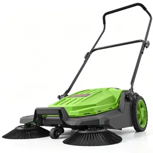 VEVOR Walk-Behind Hand Push Floor Sweeper, Manual Floor Sweeper Non-Electric with 25.6" Sweeping Width, 5 Gallons Waste Container & Adjustable Folding Handle for Yards Walkways Patios Garages - Green