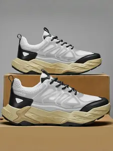 Men's All-Black Tech Outdoor Chunky Sneakers, Dark Bold Style, Mesh Paneling + Non-Slip Lug Sole Calm Style, Strong Grip , Ideal for Light Outdoor Hiking & Daily Outfits