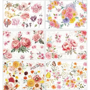 Rub on Transfers for Crafts and Furniture - 6 Sheets Vintage Floral Art Rub on Transfers Stickers Watercolor Flower Butterfly Rub on Decals for DIY Wood Craft Scrapbooking Home Office Decor