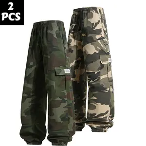 2-Pack Multi-Pocket Camo Work Pants - American Style Stretch Waist, Durable Tapered Cargo Pants for Spring & Autumn