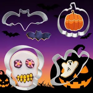 Halloween Cookie Molds Set, Stainless Steel Bat Pumpkin Skull Ghost Shapes, Holiday Baking Fondant Tools, Kitchen Gift for Kids Couples