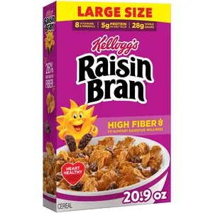 Kellogg’s Raisin Bran Breakfast Cereal, High Fiber, 28g Whole Grain, Large Size, 20.9 oz