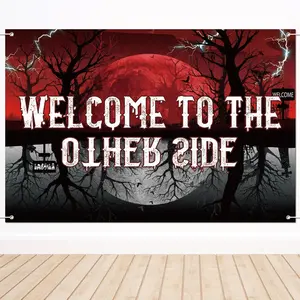 Halloween "Welcome To The Other Side" Backdrop, Spooky Red Moon Graveyard Background Banner, Scary Horror Wall Decor for Haunted House, Halloween Party, Indoor/Outdoor Decoration, Polyester Fabric