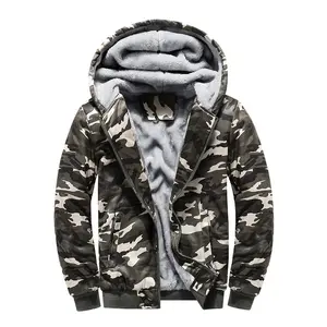 Men's Warm Fleece-Lined Camo Hooded Jacket, Gray Camouflage Streetwear Winter Coat