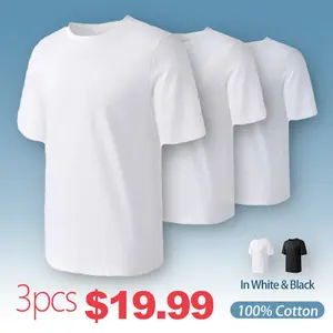 Men's 3-Pack Round Neck Short-Sleeve 100% Cotton Heavyweight T-Shirts, Unisex Breathable Soft Casual Loungewear Tops, Machine Washable for Daily & Home Wear, Shortsleeve