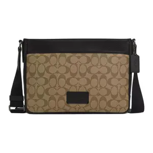 COACH District 30 Classic Monogram Zip-Top Shoulder Bag for Men – Bronze, Khaki, and Black Leather-and-Canvas