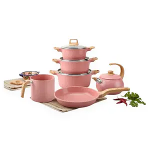 NEWARE 10pz Ceramic Marble Fresa Kitchen Set with Wooden Handles with Fresa Tea Kettle